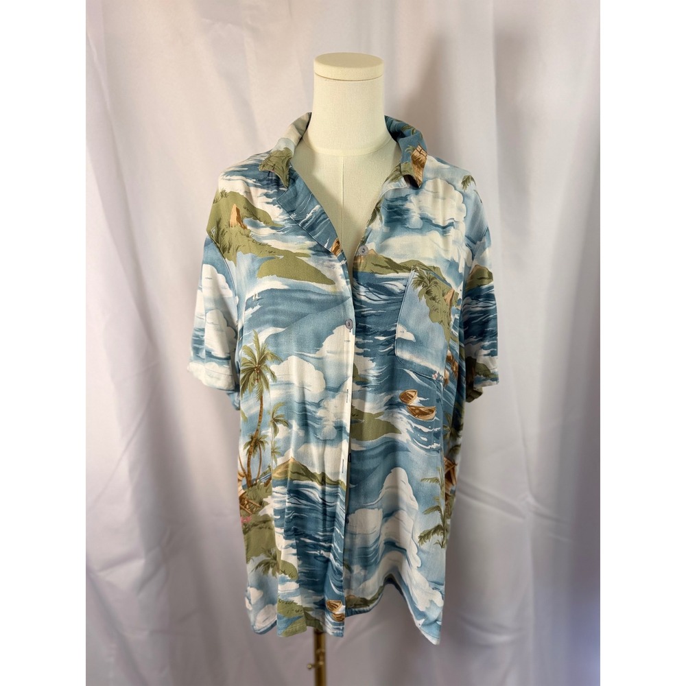 Alfred Dunner Tropical Island Scenic Print Blue Rayon Aloha Shirt Plus Size 18W